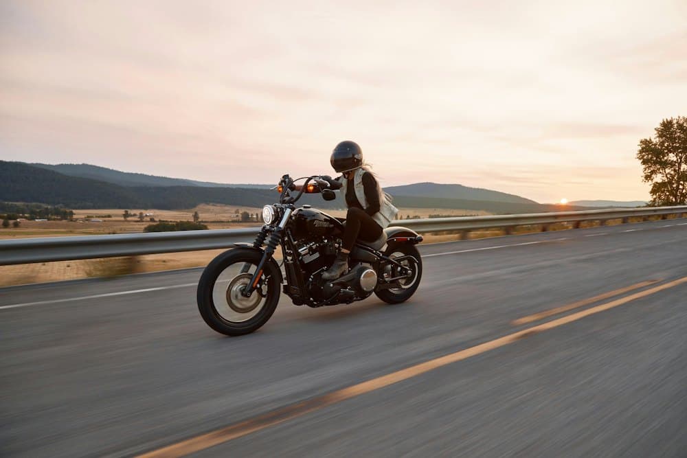 Rider on a cruiser motorcycle on an open highway